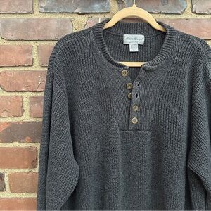 Vtg Eddie Bauer USA Fisherman Pullover Henley Sweater Chunky Knit Charcoal XL